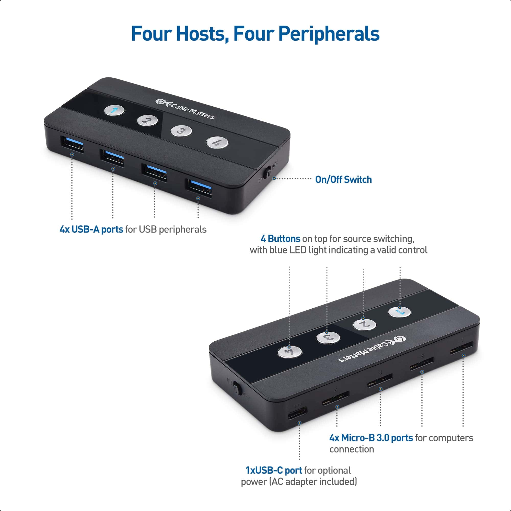 Cable Matters 4 Puertos USB 3.0 Interruptor Hub Compartidor - Imagen 3