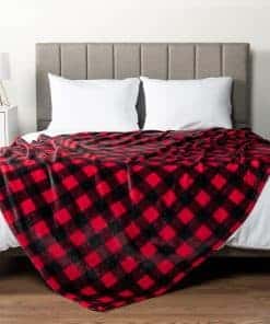 Manta de cama King size de franela a cuadros negros y rojos