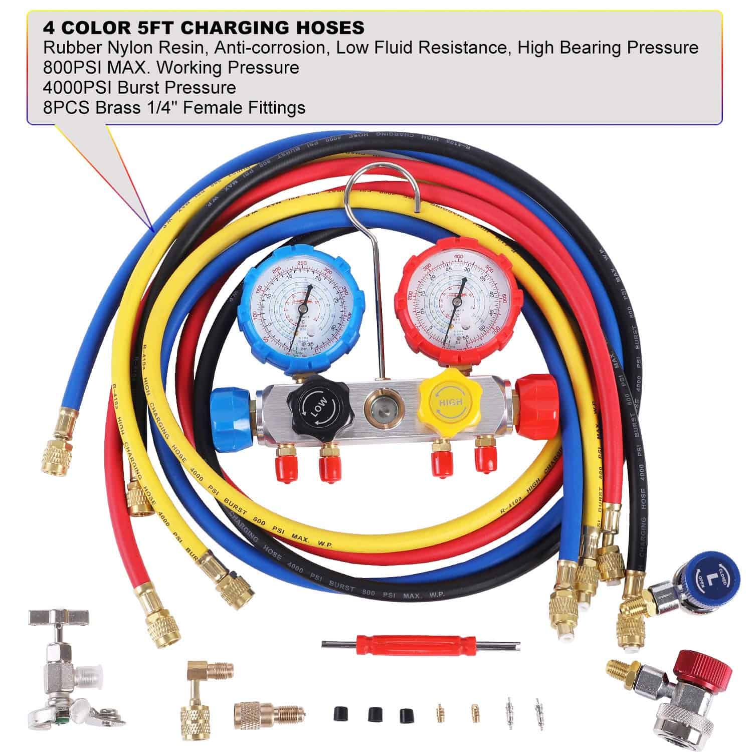 JIFETOR Juego de Manifold de 4 Vías para AC, Herramienta de - Imagen 8