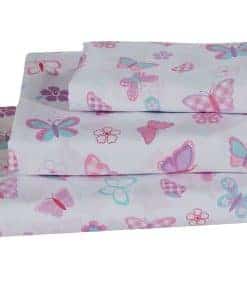 Juego de sábanas de mariposas y flores rosa, morado y