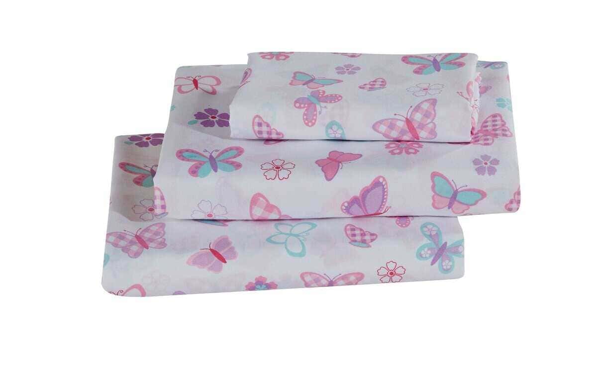Juego de sábanas de mariposas y flores rosa, morado y