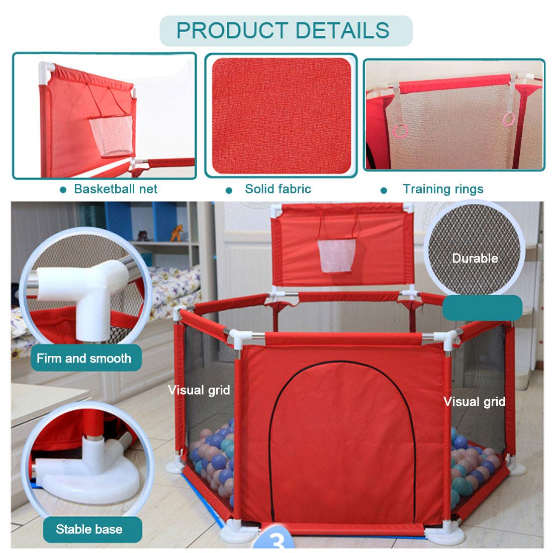 Parque de juegos portátil para bebés con aro de baloncesto - Imagen 4