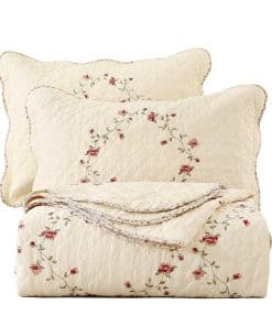 Juego de Colcha y Fundas de Almohada Bordadas con Flores de