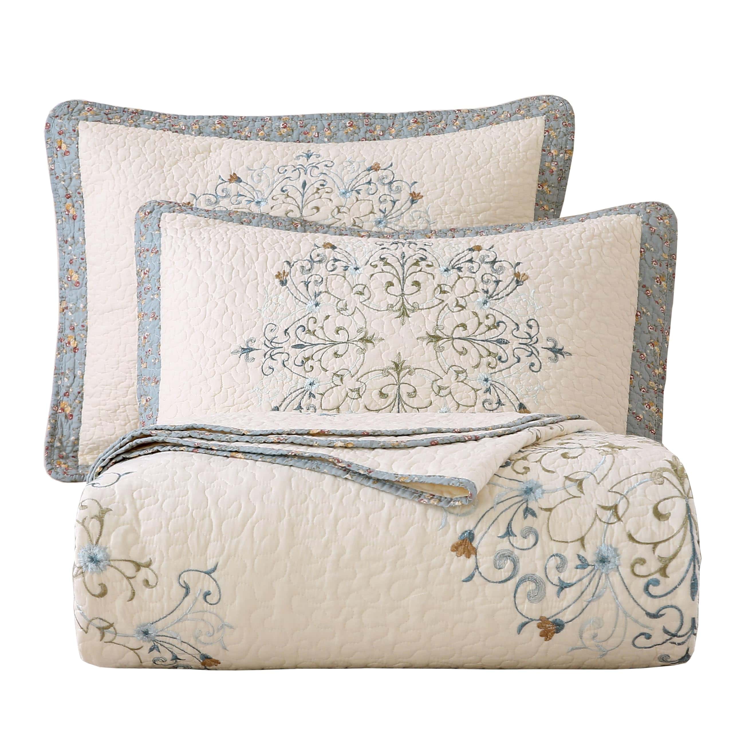 Juego de Colcha Acolchada Boho Floral Bordada 3 Piezas