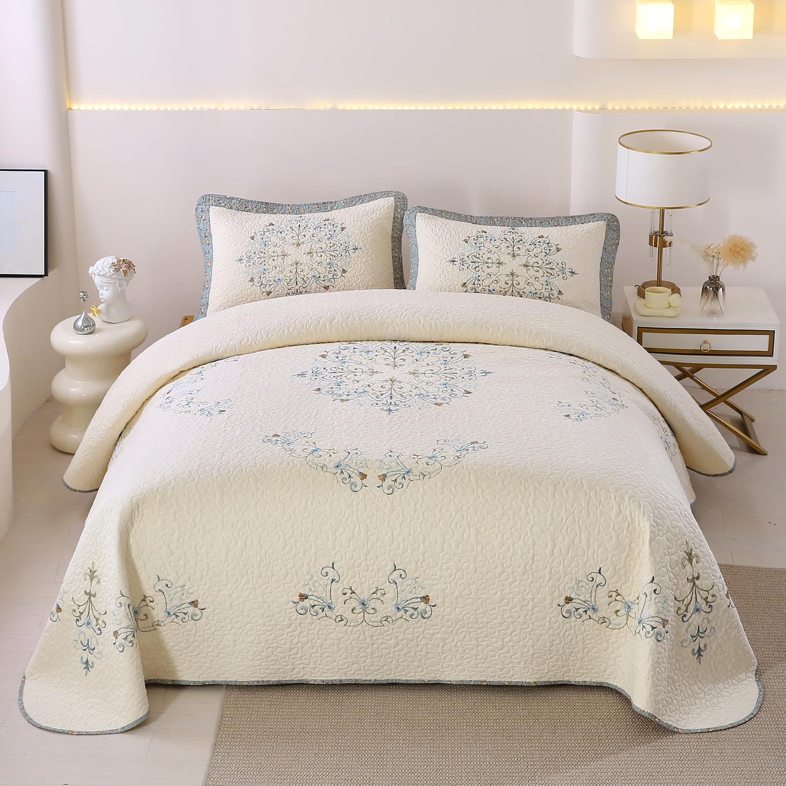 Juego de Colcha Acolchada Boho Floral Bordada 3 Piezas - Imagen 3