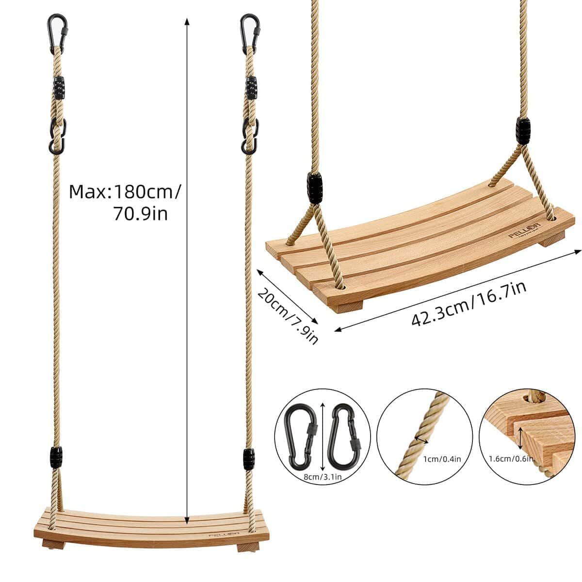 Columpio de Madera para Árbol Pellor, Columpio de Madera - Imagen 4