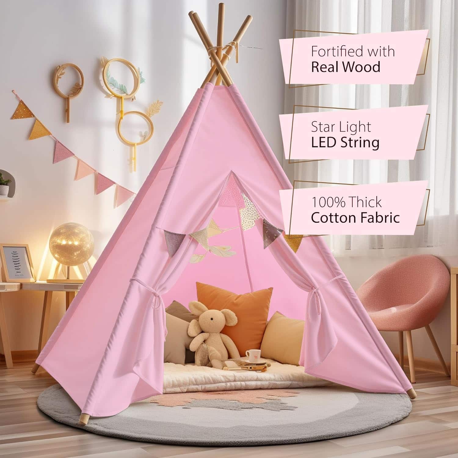 Tienda de campaña rosa adorable para niños con luces de - Imagen 4