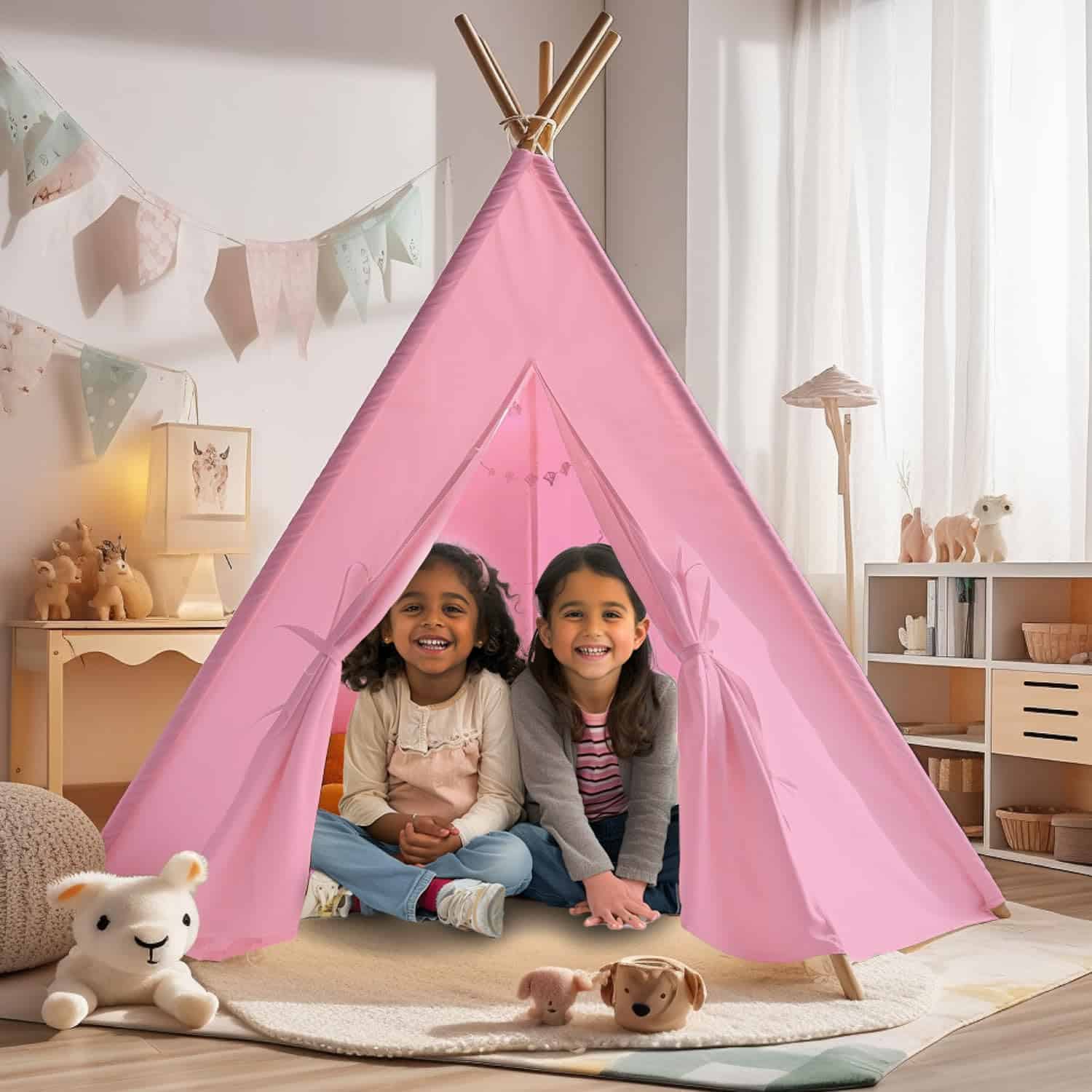 Tienda de campaña rosa adorable para niños con luces de - Imagen 7