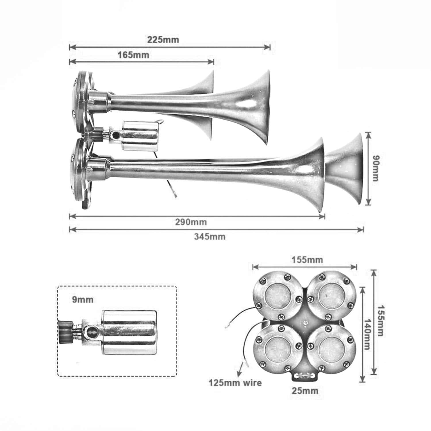 Claxon de coche plateado de cuatro tubos dobles 12V 170DB - Imagen 7