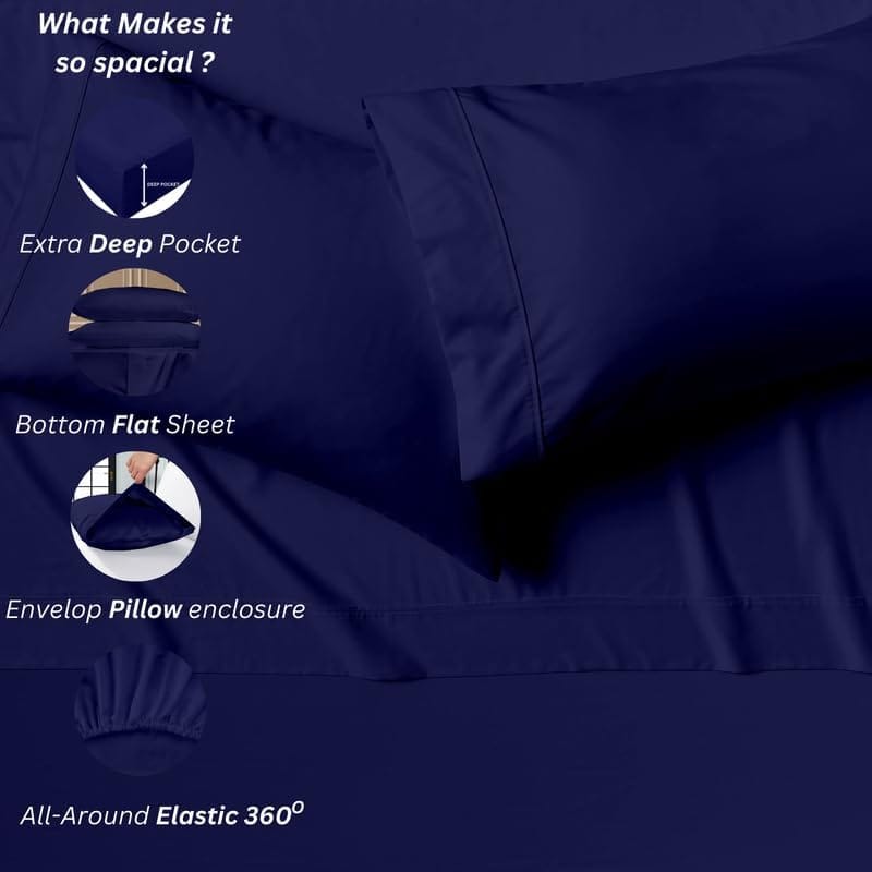 Juego de sábanas de 4 piezas de algodón premium -Azul Marino - Imagen 7