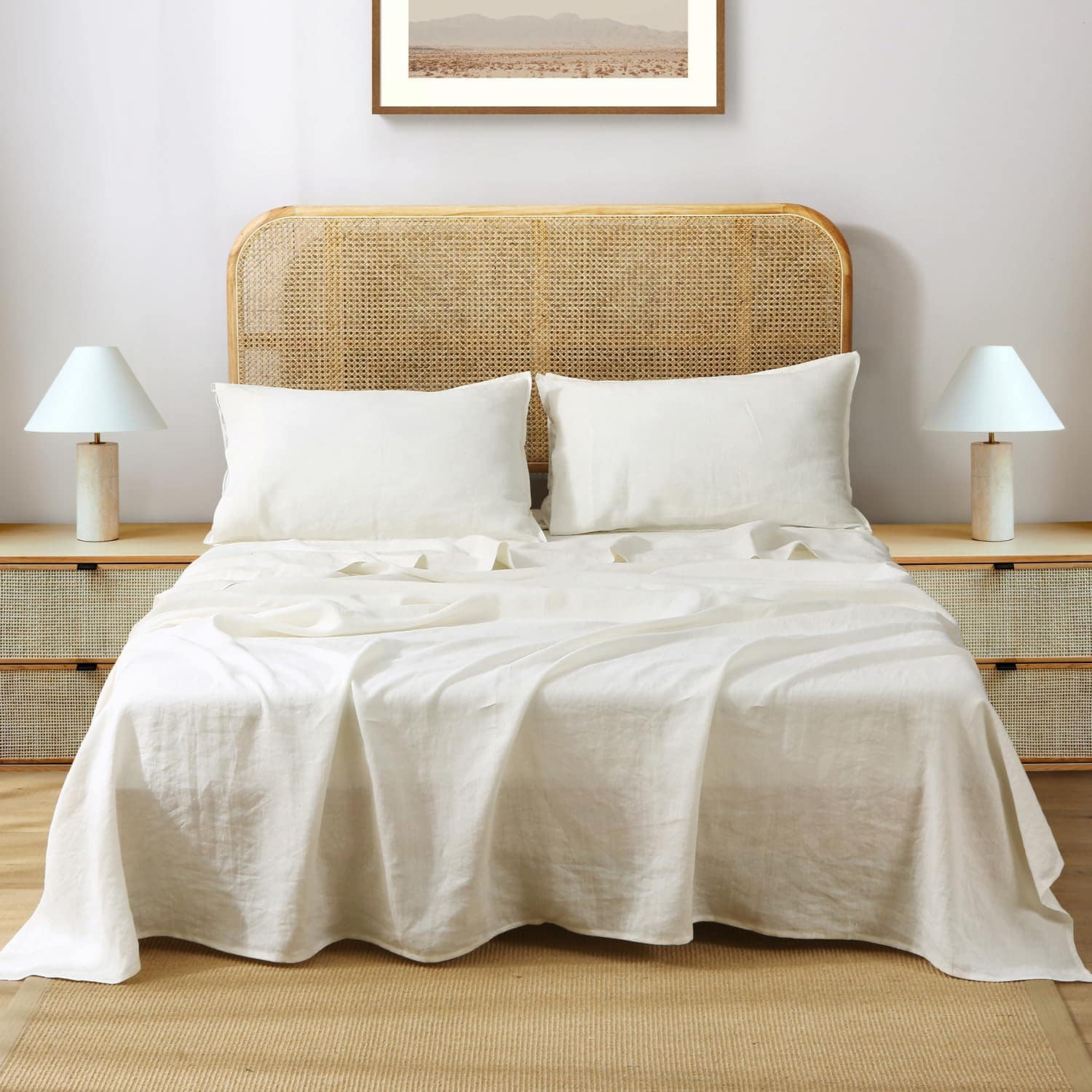 Juego de sábanas de lino 100% orgánico -Crema-blanco