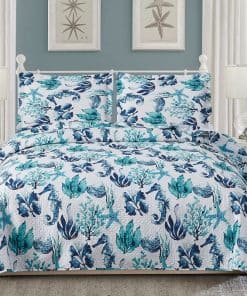 Juego de Colcha Ligera de 3 Piezas Tema Marino Verde,