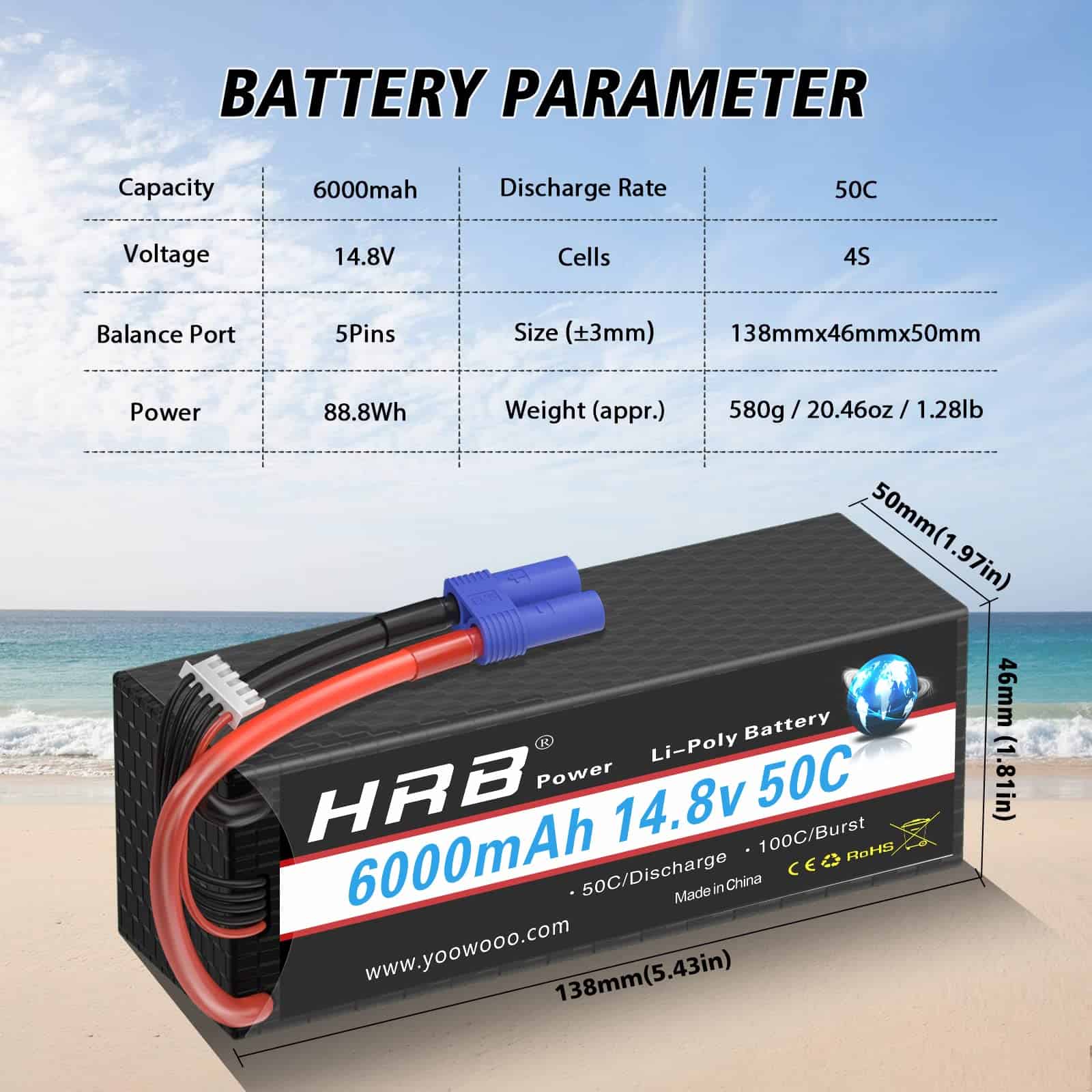 HR - 2 Piezas Batería de Lipo 4S 6000mAh EC5 14.8V 50C - Imagen 3