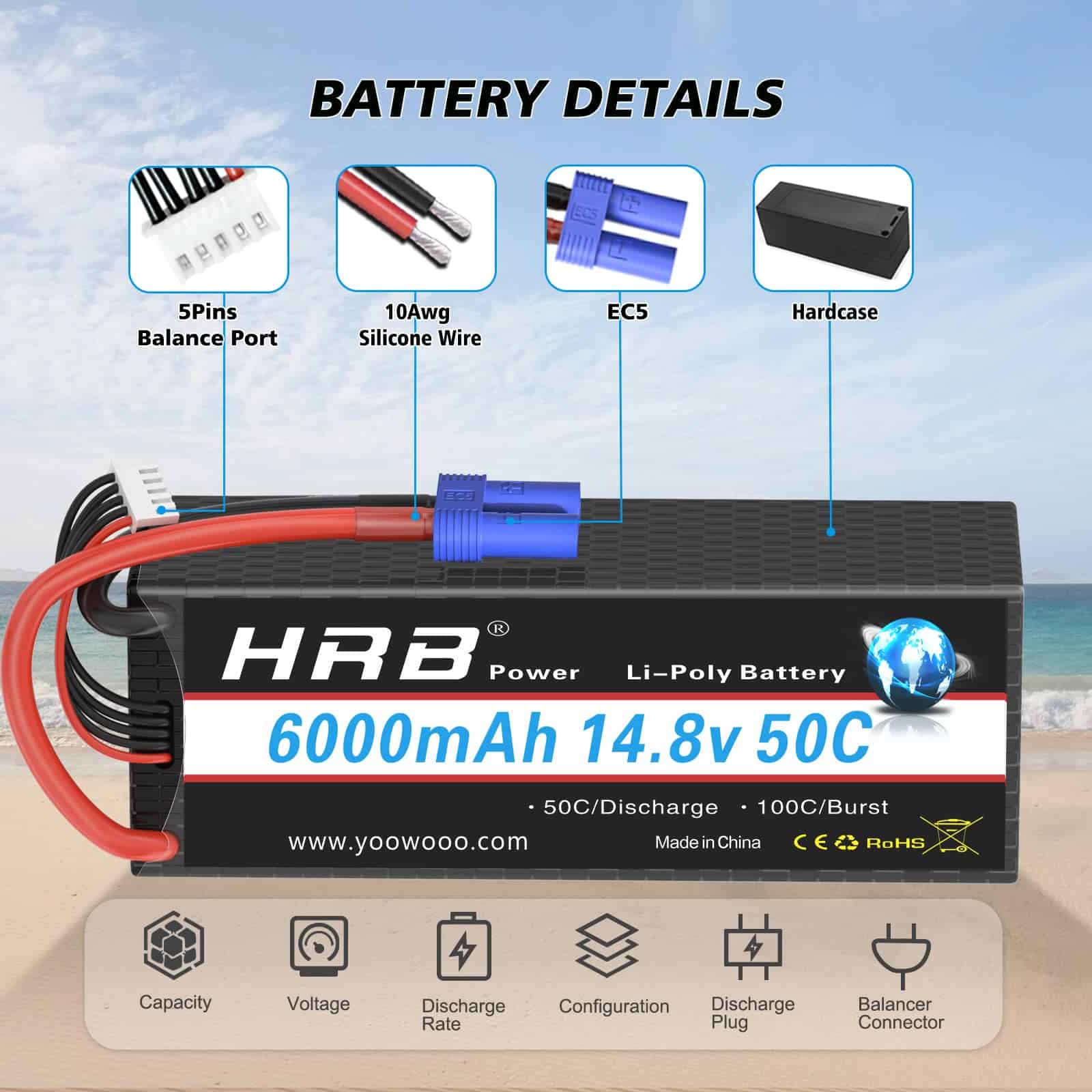 HR - 2 Piezas Batería de Lipo 4S 6000mAh EC5 14.8V 50C - Imagen 5