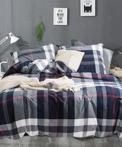 Juego de Edredón a Cuadros Azul de Algodón para Cama