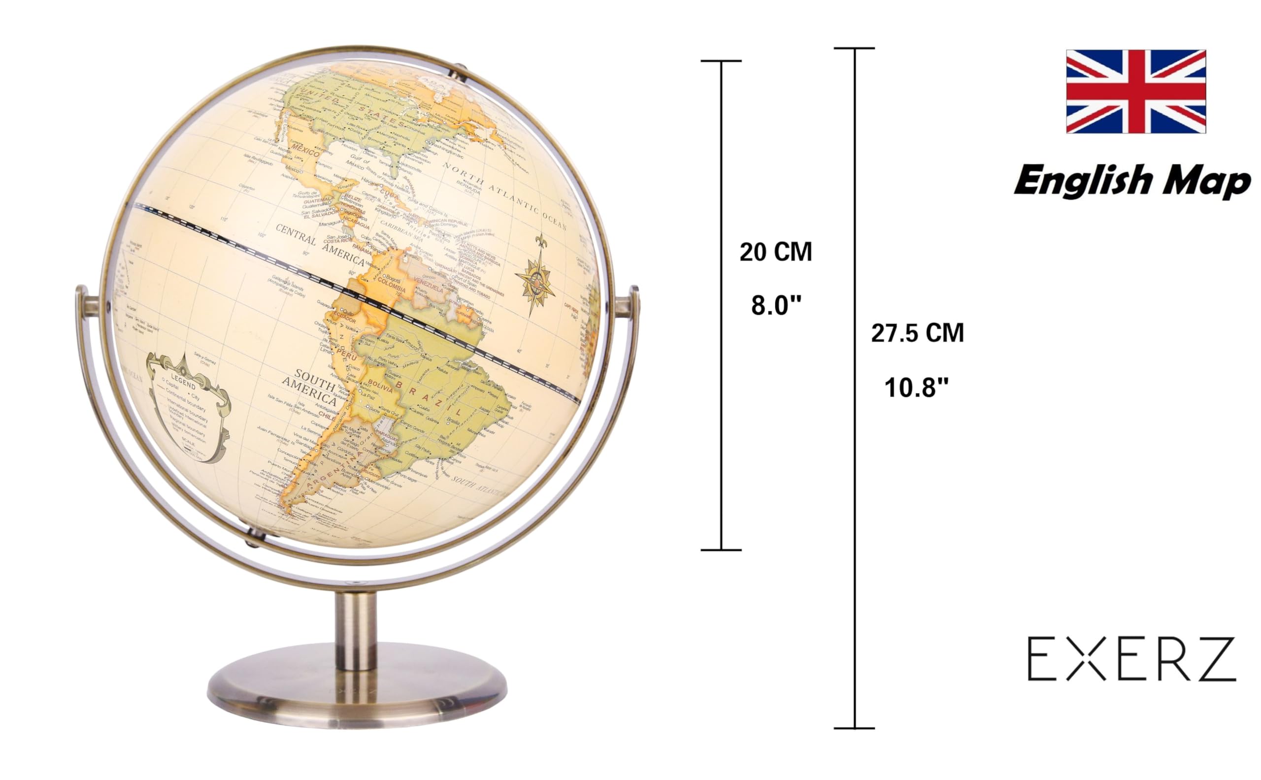 Exerz Globo Terráqueo Antiguo de 8" con Base de Bronce - - Imagen 3