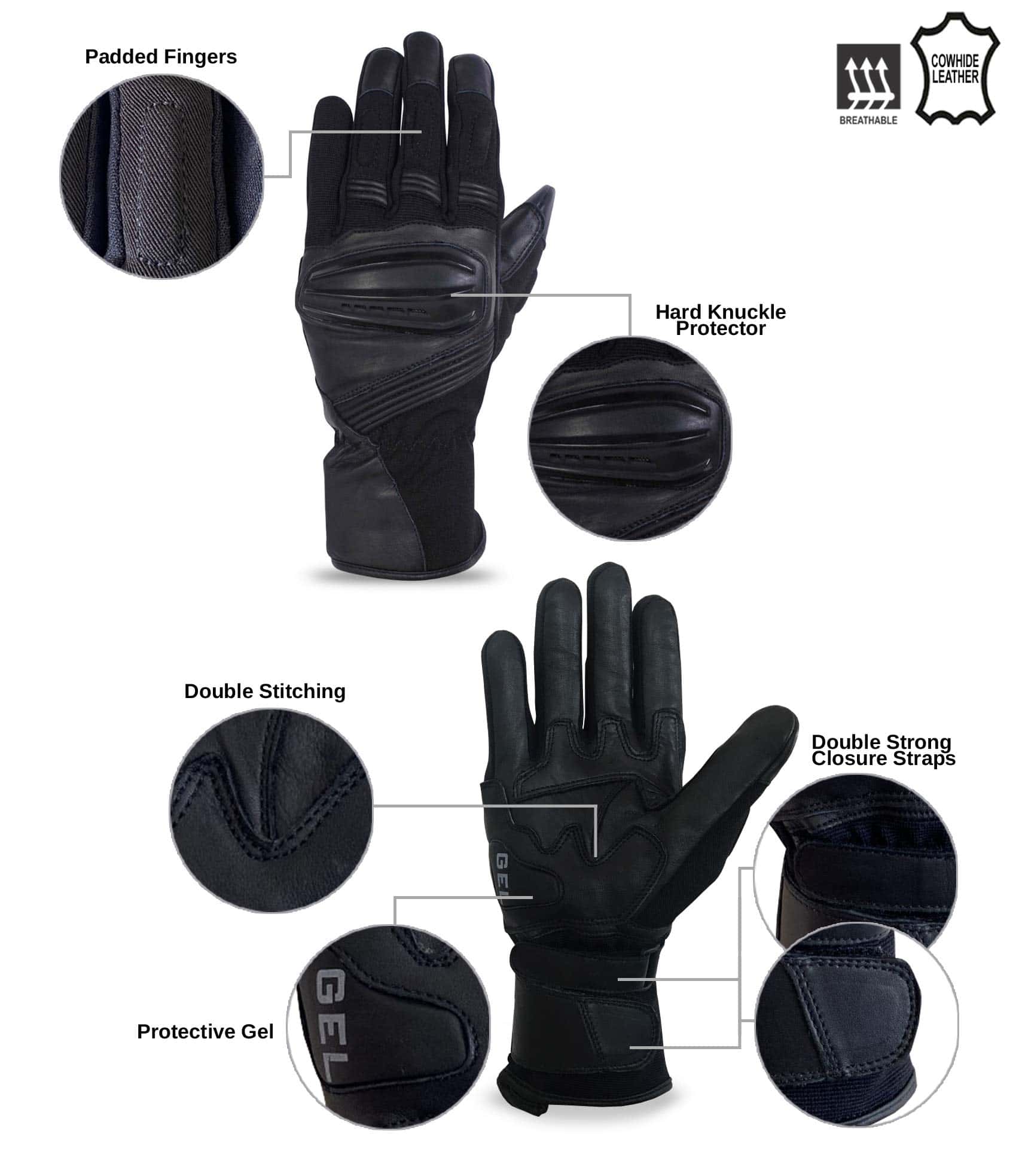 Guantes de cuero de vaca con tela -Negro - Imagen 5