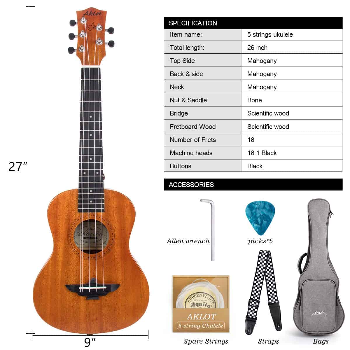 Ukelele de 5 Cuerdas AKLOT, Ukelele Tenor de 26 pulgadas de - Imagen 6