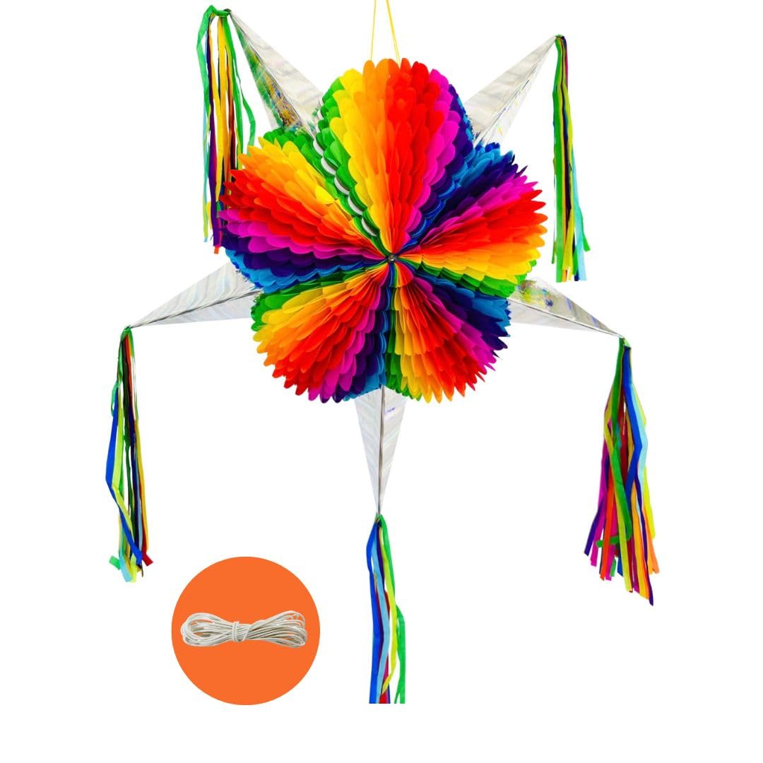 Piñata Estrella Arcoíris Jumbo Mexicana con Conos Plateados