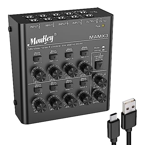 Mezcladora de Audio Moukey, DC 5V, 8 Canales Ultra Estéreo