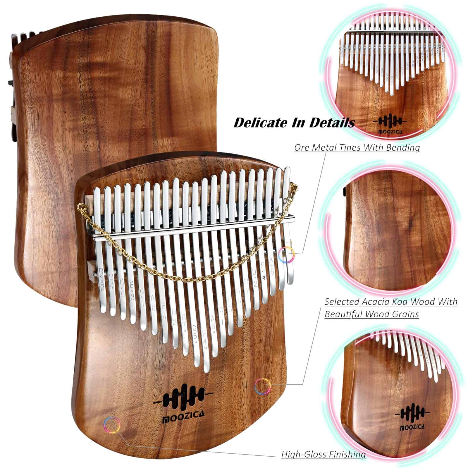 Kalimba de Pulgar de Koa Sólido MOOZICA de 21 Teclas, Única - Imagen 4
