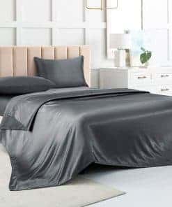 Juego de sábanas de seda satinada para cama Queen, gris, 4