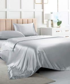 Juego de sábanas de seda satinada Queen, Gris Plateado, 4