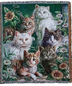 Manta de tiro de tapiz tejido de jardín de gato con flores