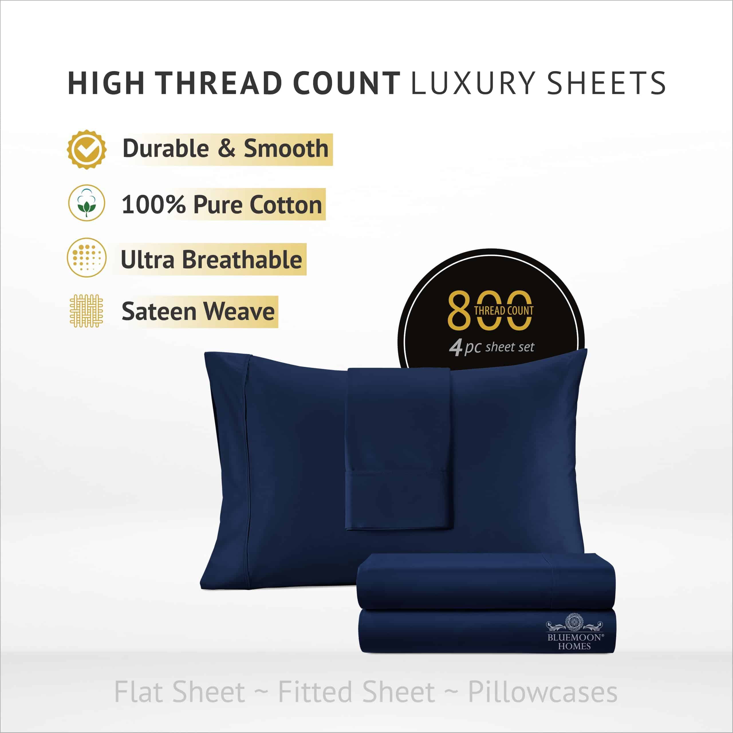 Juego de Sábanas de Algodón Egipcio 100% -Azul Marino - Imagen 4