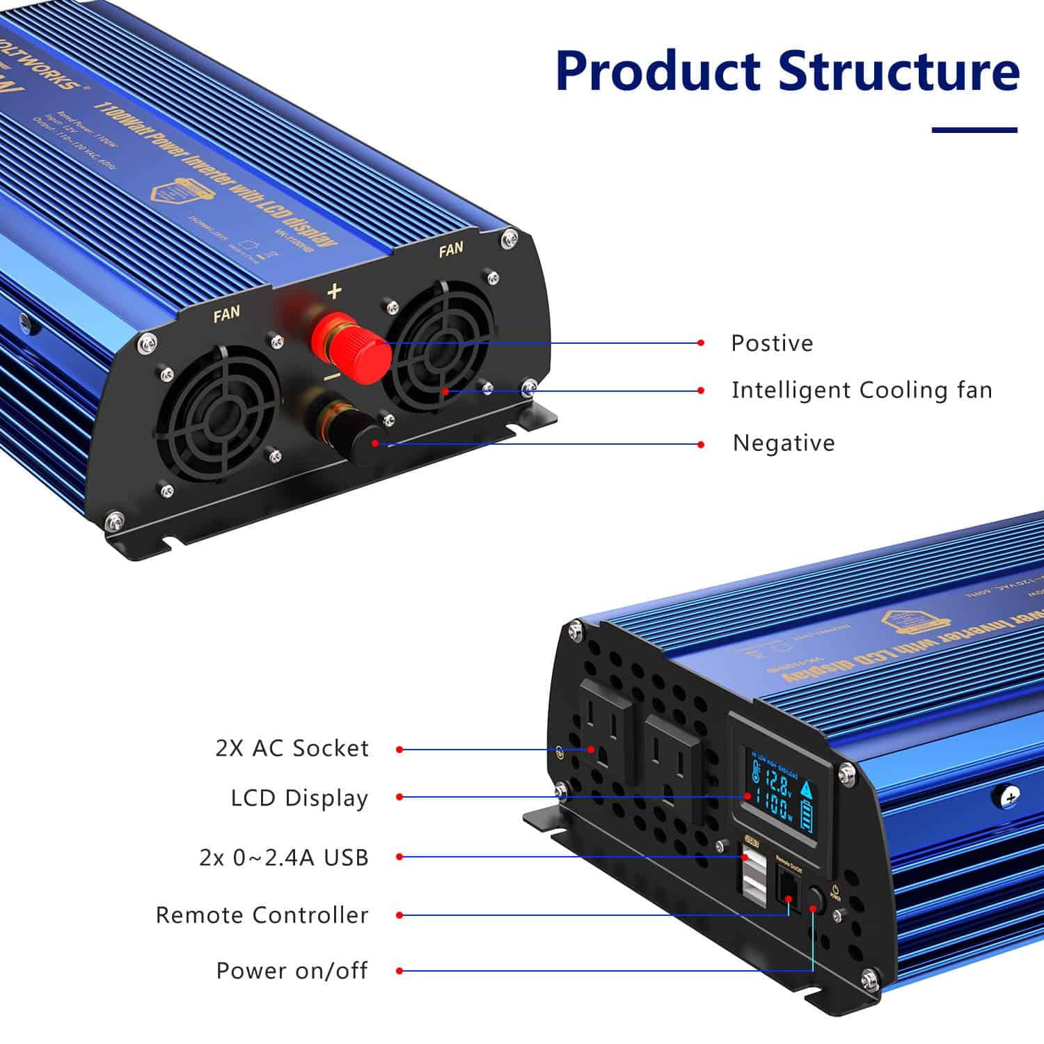 Inversor de potencia 1100 vatios DC 12V a AC 120V Onda - Imagen 6