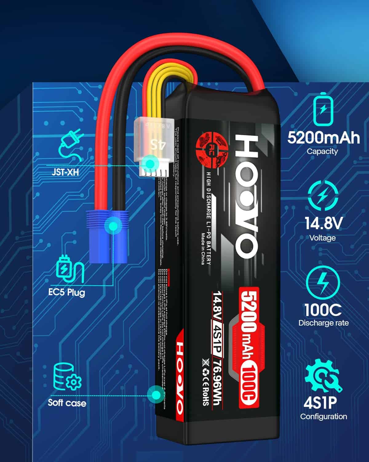 Batería de Lipo HOOVO 14.8V 100C 5200mAh 4S con Conector - Imagen 3