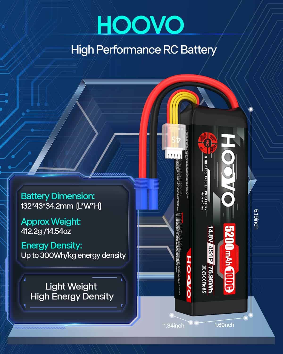 Batería de Lipo HOOVO 14.8V 100C 5200mAh 4S con Conector - Imagen 4