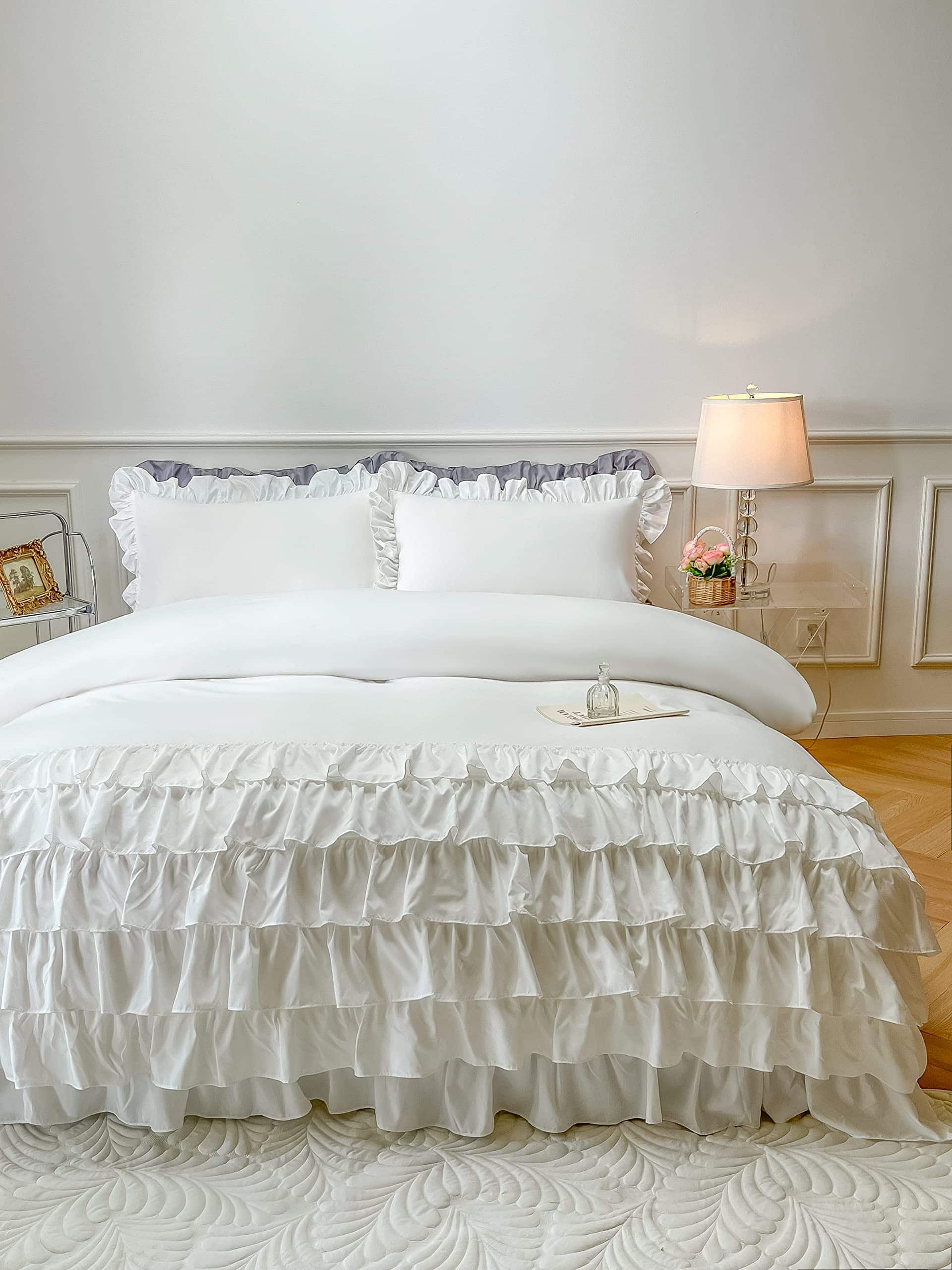 Edredón Blanco con Volantes de Cascada para Cama Queen, - Imagen 8