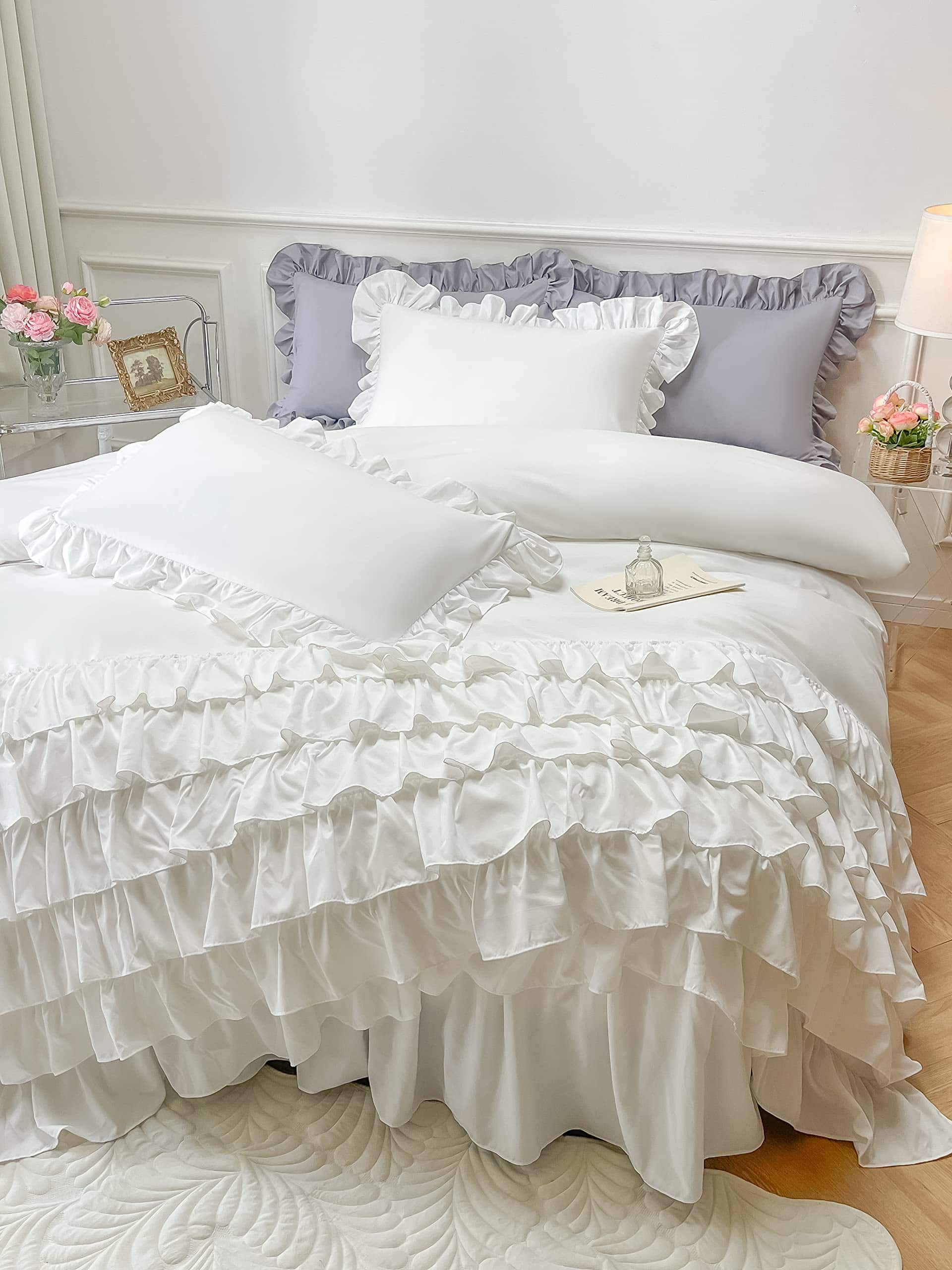 Edredón Blanco con Volantes de Cascada para Cama Queen, - Imagen 10