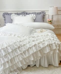 Edredón Blanco con Volantes de Cascada para Cama Queen,