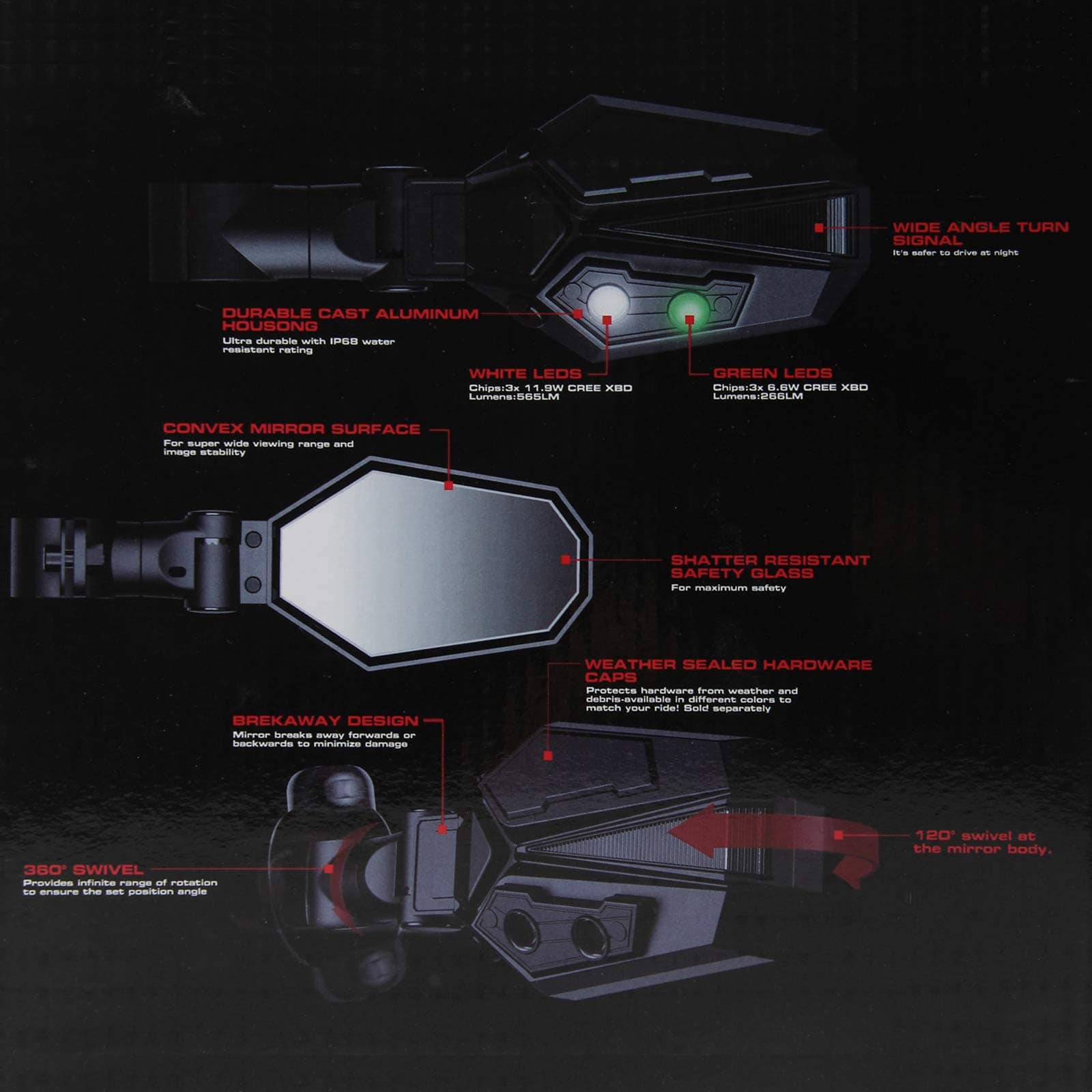 Espejos UTV con luces LED con luz verde para atraer - Imagen 6