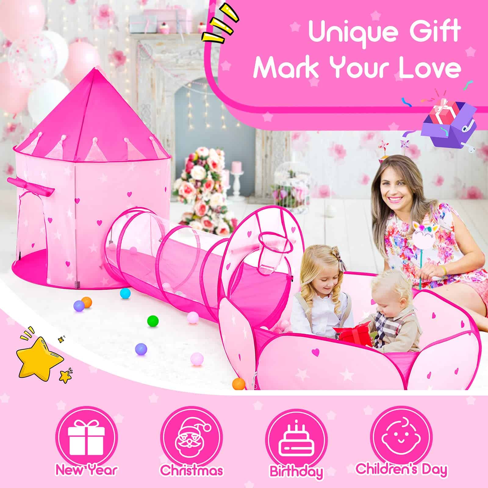 PigPigPen 3pc Tienda de Juegos para Niñas con Pelota, Túnel - Imagen 8