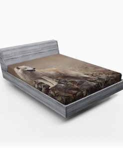 Sábana Ajustable Ambesonne Animal, Lobo Blanco en Rocas en