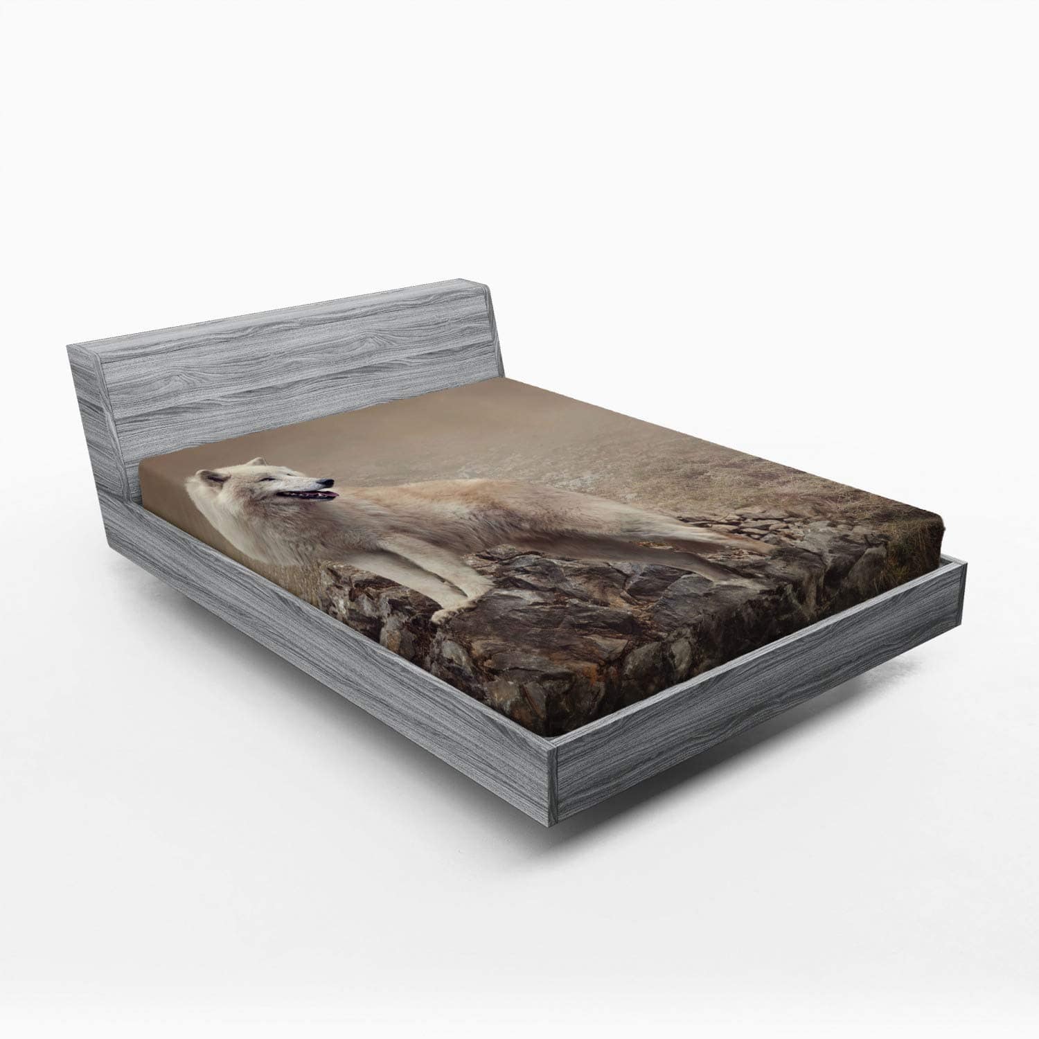 Sábana Ajustable Ambesonne Animal, Lobo Blanco en Rocas en