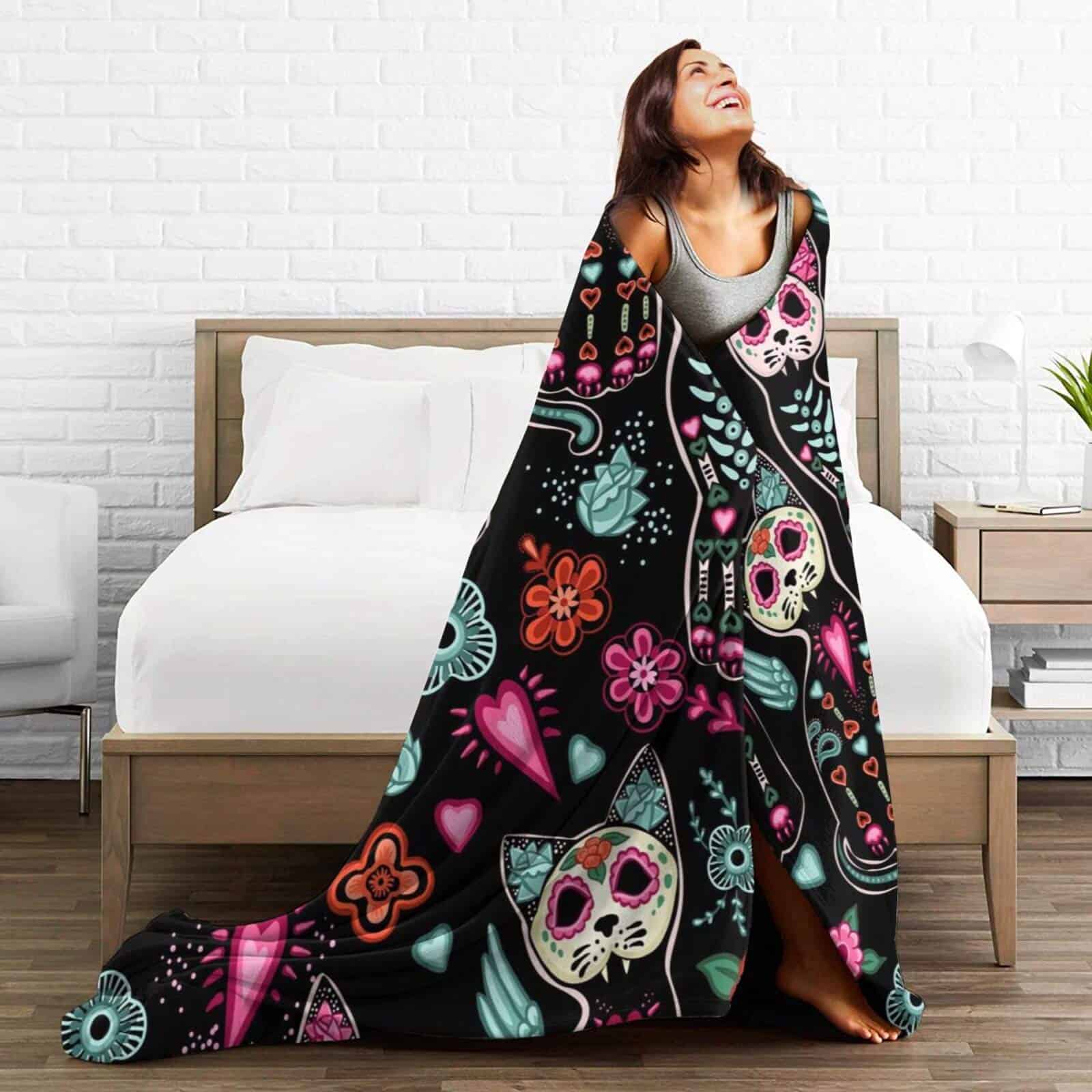 Manta de lanzamiento de Ouqiuwa Día de los Muertos Gato - Imagen 6