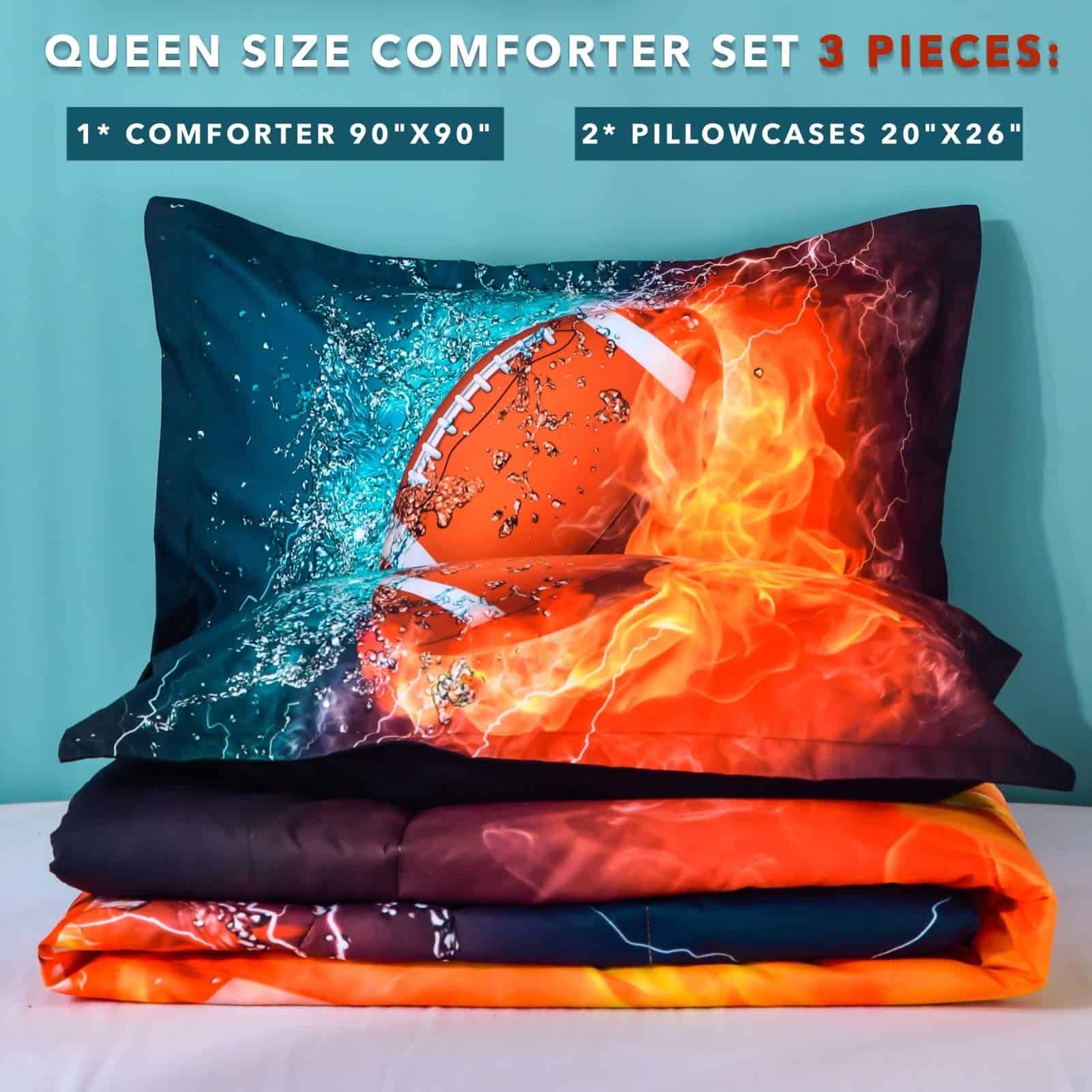 Andency Edredón de Fútbol 3D Queen (90x90 -Naranja Azul - Imagen 3