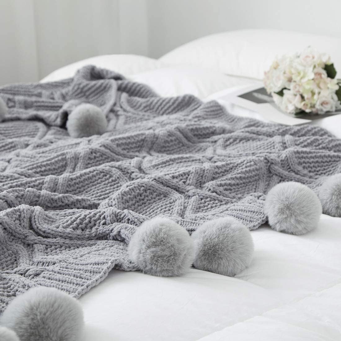 Manta de Chenille Tejida Revdomfly con Borlas Pom Pom, - Imagen 4