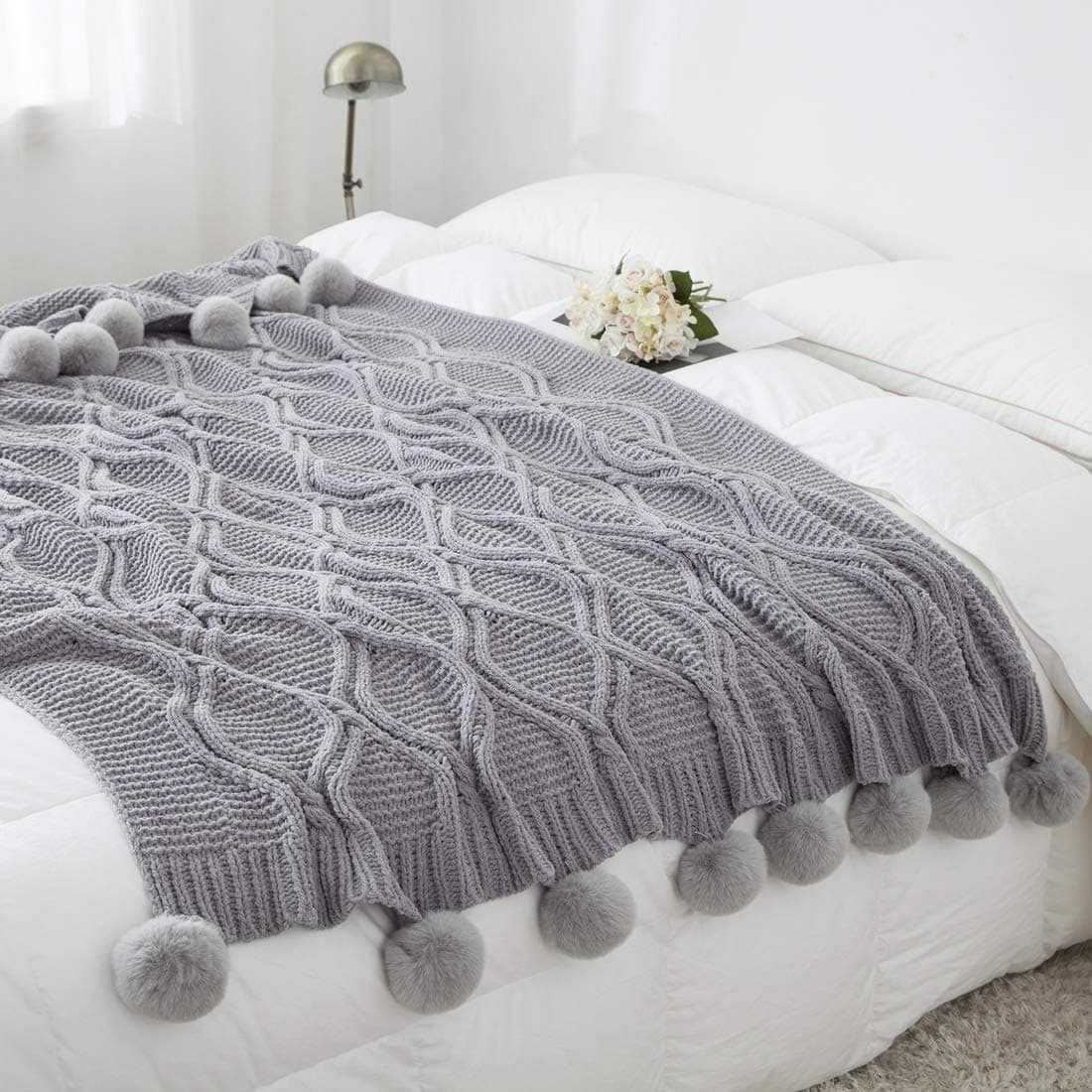 Manta de Chenille Tejida Revdomfly con Borlas Pom Pom, - Imagen 3