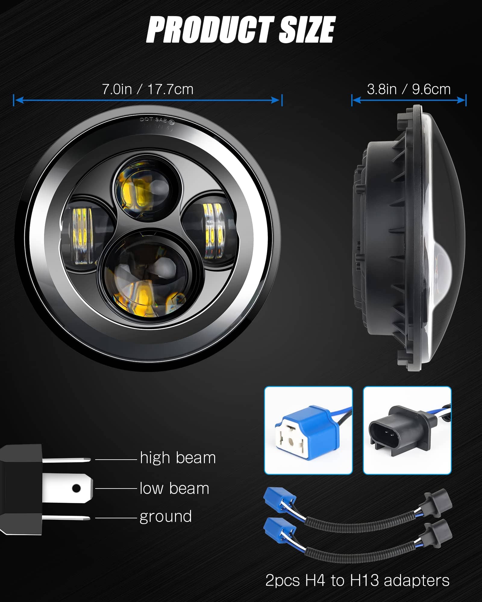 nifeida 7" Faros Redondos Negros Hi/Lo Beam Compatible con - Imagen 6