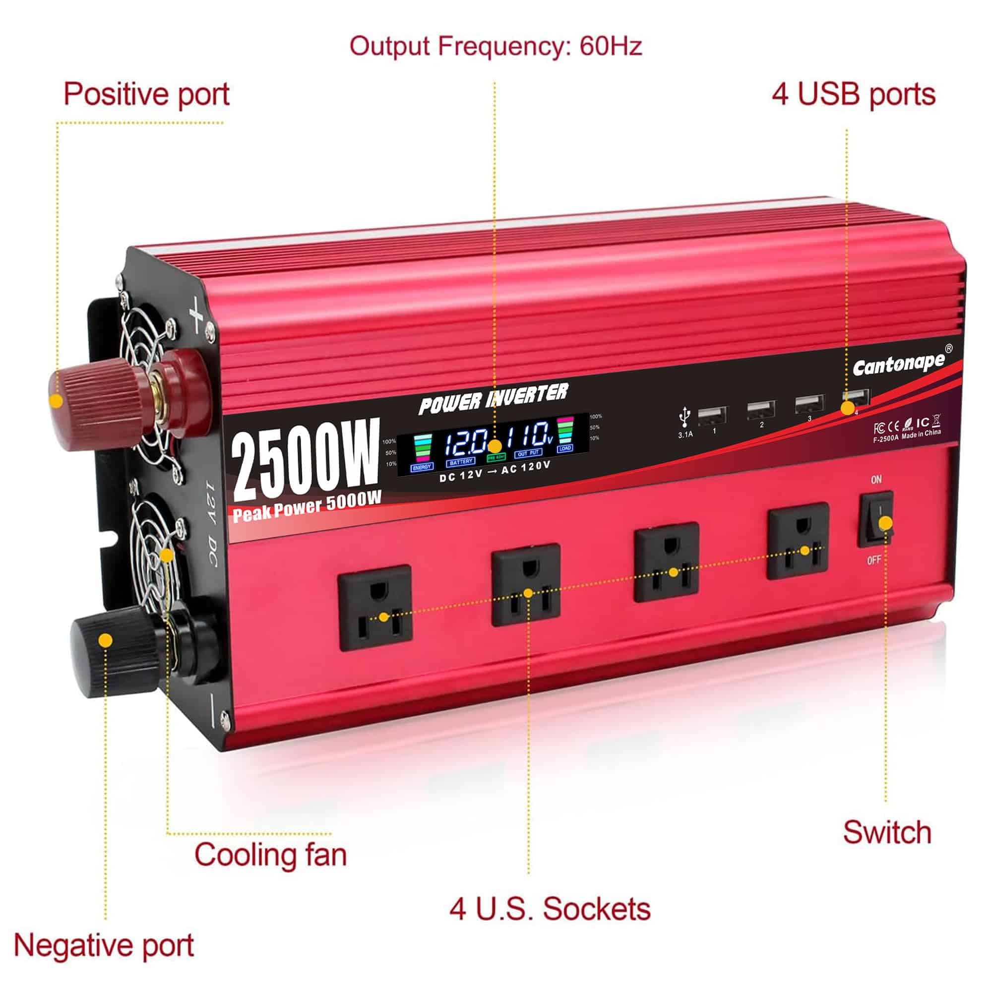 Inversor de Corriente Cantonape 2500W 12V a 110V CC a CA - Imagen 3