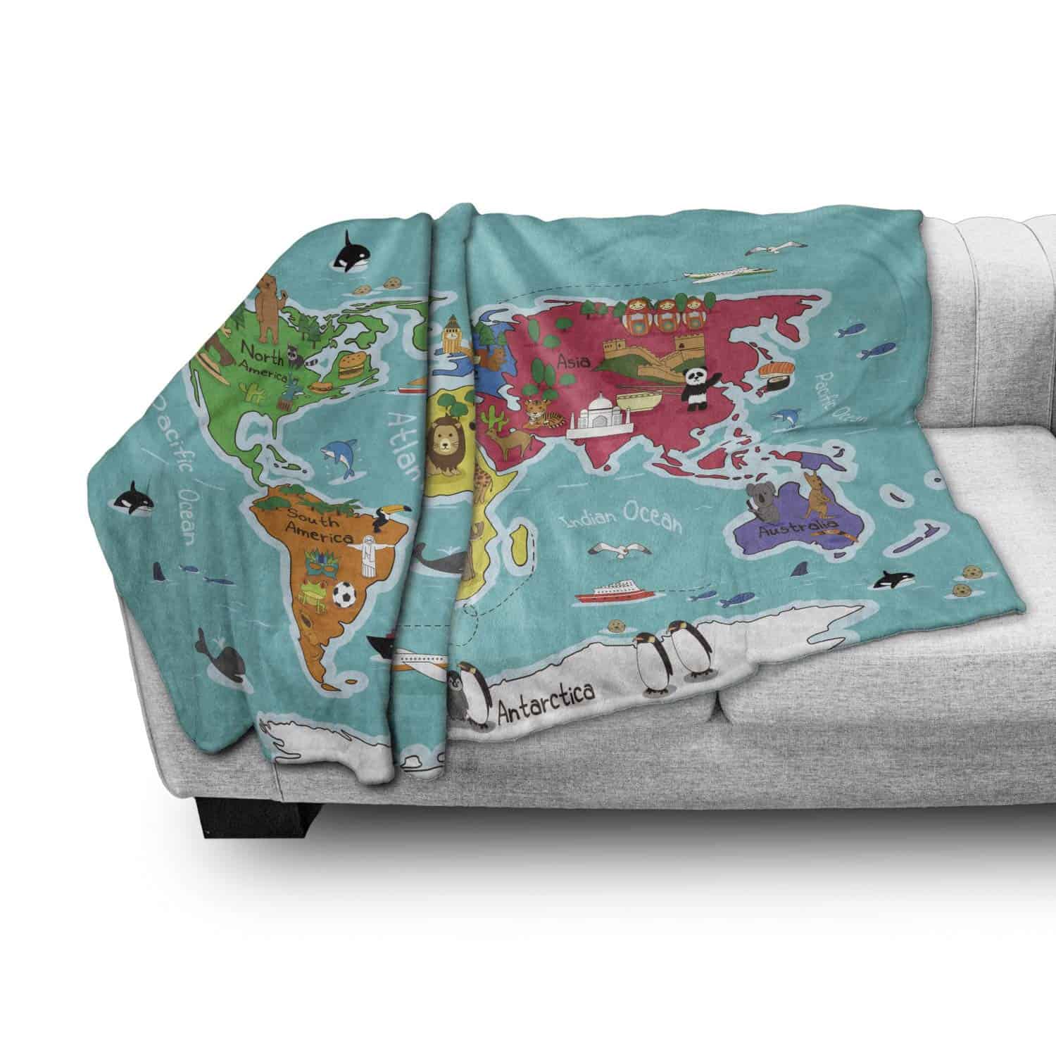 Manta de sofá Lunarable World Map, Tema de Mapa Colorido de - Imagen 4