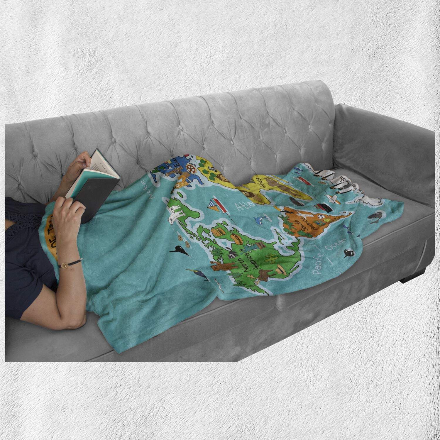 Manta de sofá Lunarable World Map, Tema de Mapa Colorido de - Imagen 7