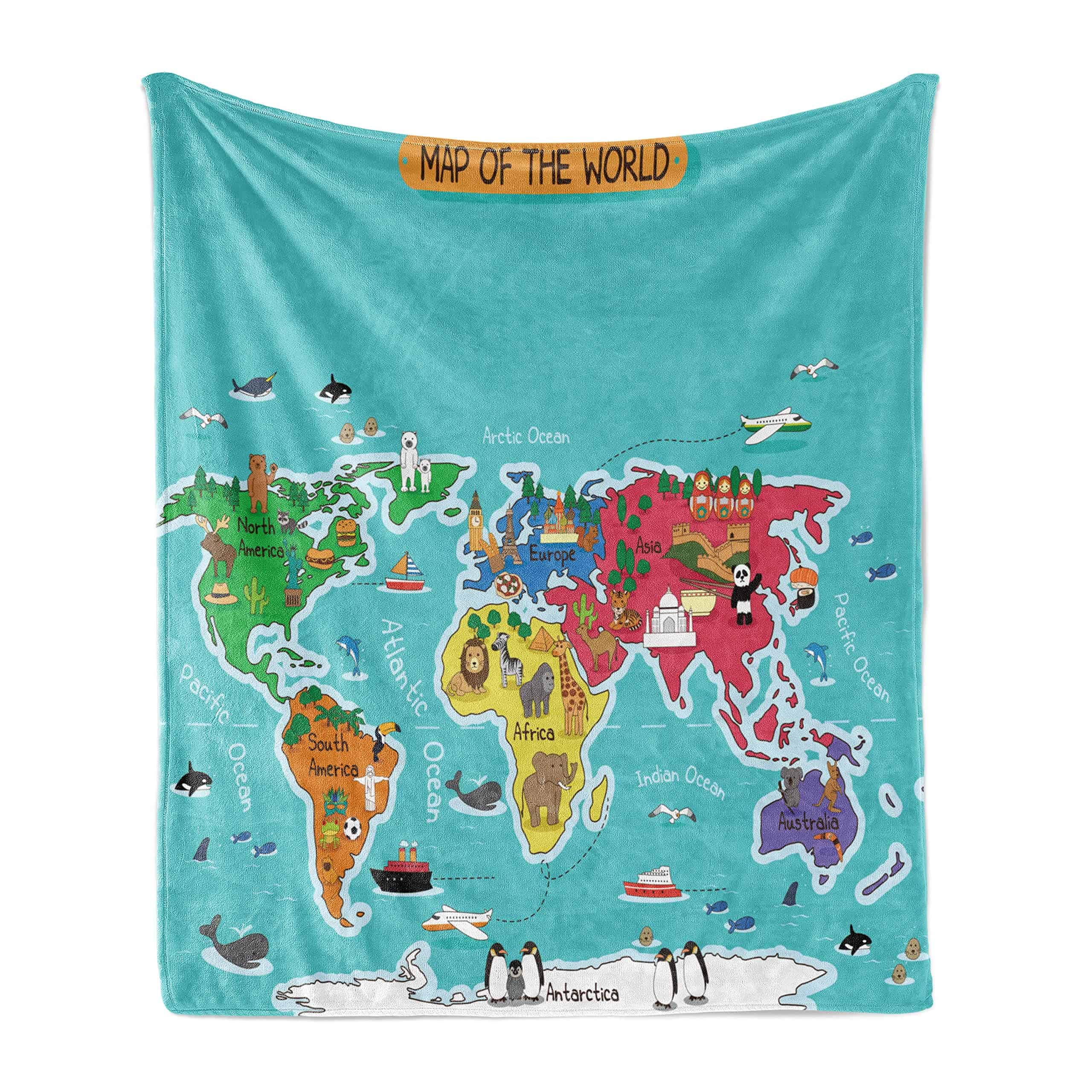 Manta de sofá Lunarable World Map, Tema de Mapa Colorido de