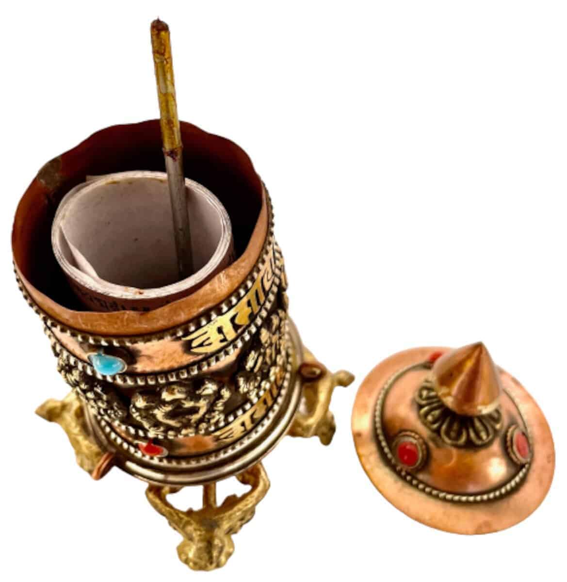 QT S Rueda de Oración de Mesa Tallada a Mano Tibetana - - Imagen 3