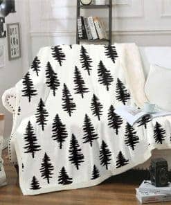 Manta con estampado de árboles de pino negro y blanco para
